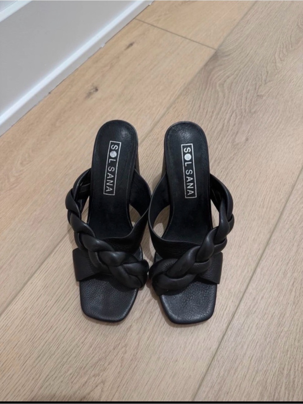 Sol Sana Black Braided Square-Toe Slide Mules Heels